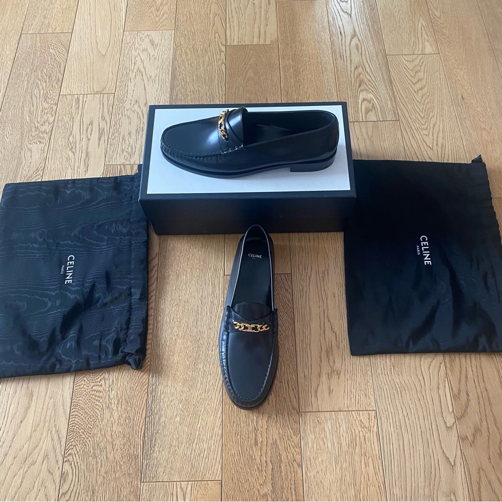 Celine Luco Triomphe Buckle Black Leather Loafers Shoes